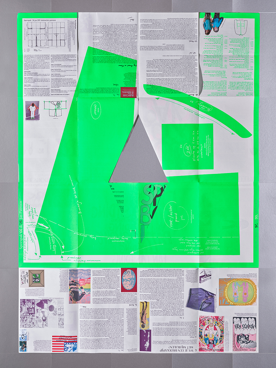 Booklook issue 3: the cover, publication part 1 unfolded with text by Anouk Beckers and Iris de Leeuw, Speespak '66 jacket pattern in fluor green. Photo: Scheltens & Abbenes. Photo: Scheltens & Abbenes.